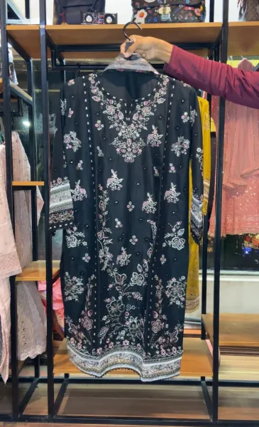 Pakistani Original Hayat’s Embroidered Stitched Cotton 3Pcs _ Black 